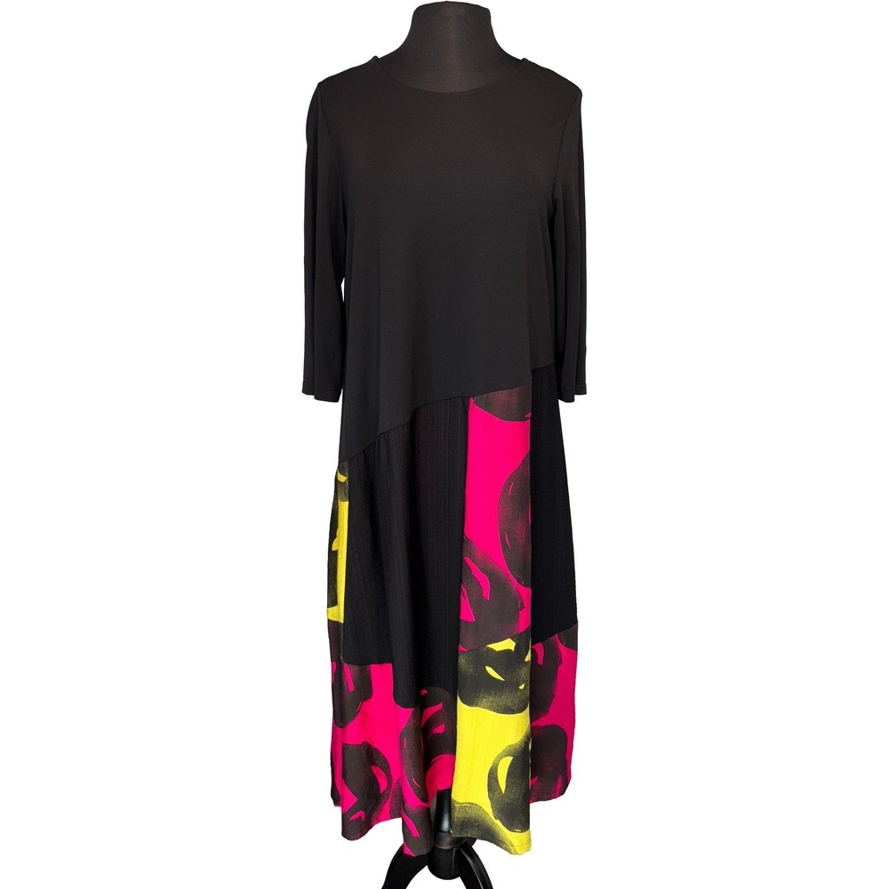 Colorblock Long Dress by Shana Women M Black Hot Pink Chartreuse Long Sleeve NWT